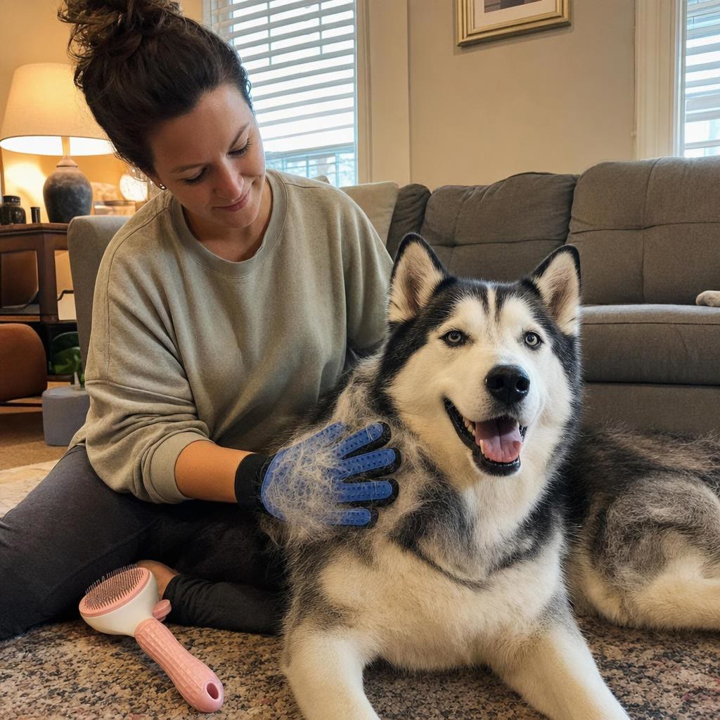 Grooming a husky with the PetGlow glove at home