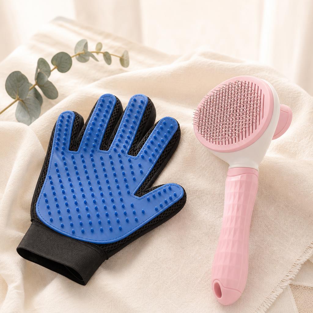 PetGlow Deshedding Kit - grooming glove and self-cleaning slicker brush