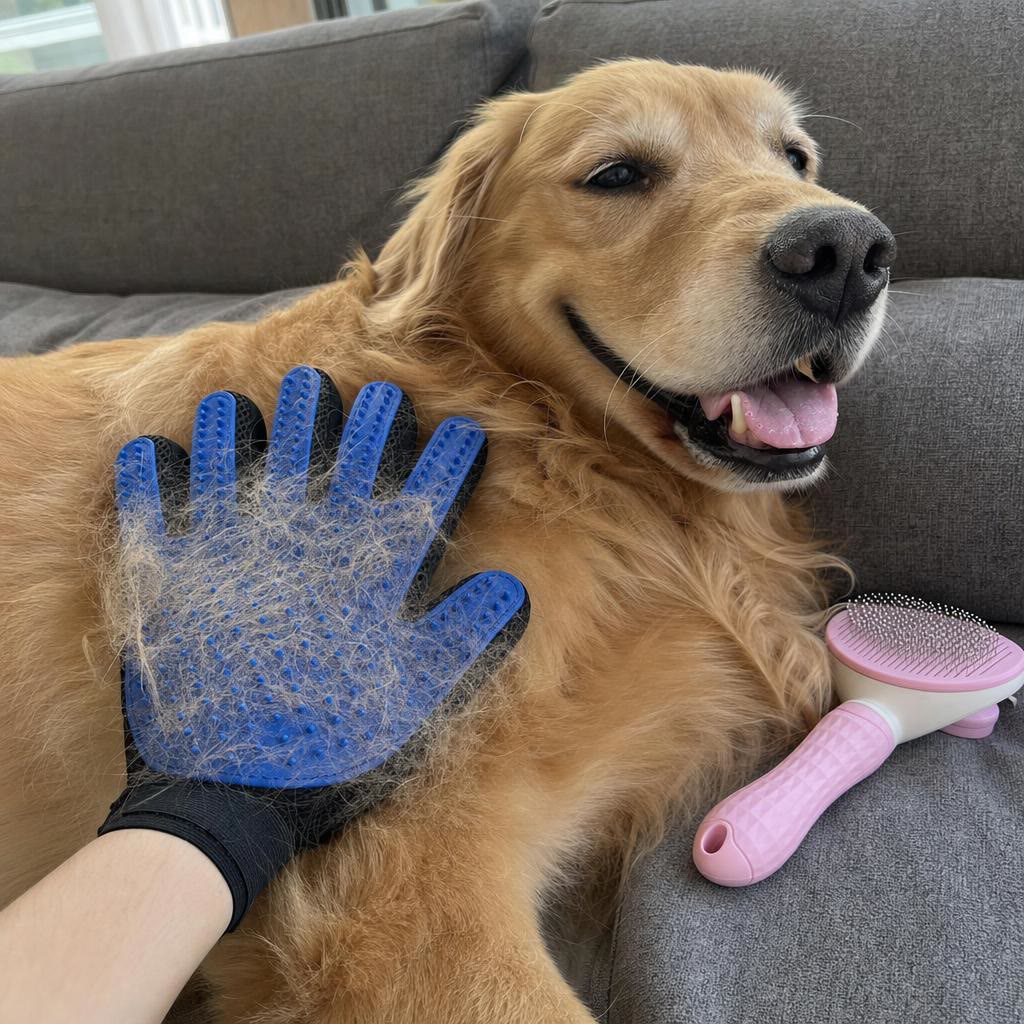Deshedding glove pulling loose fur from a golden retriever