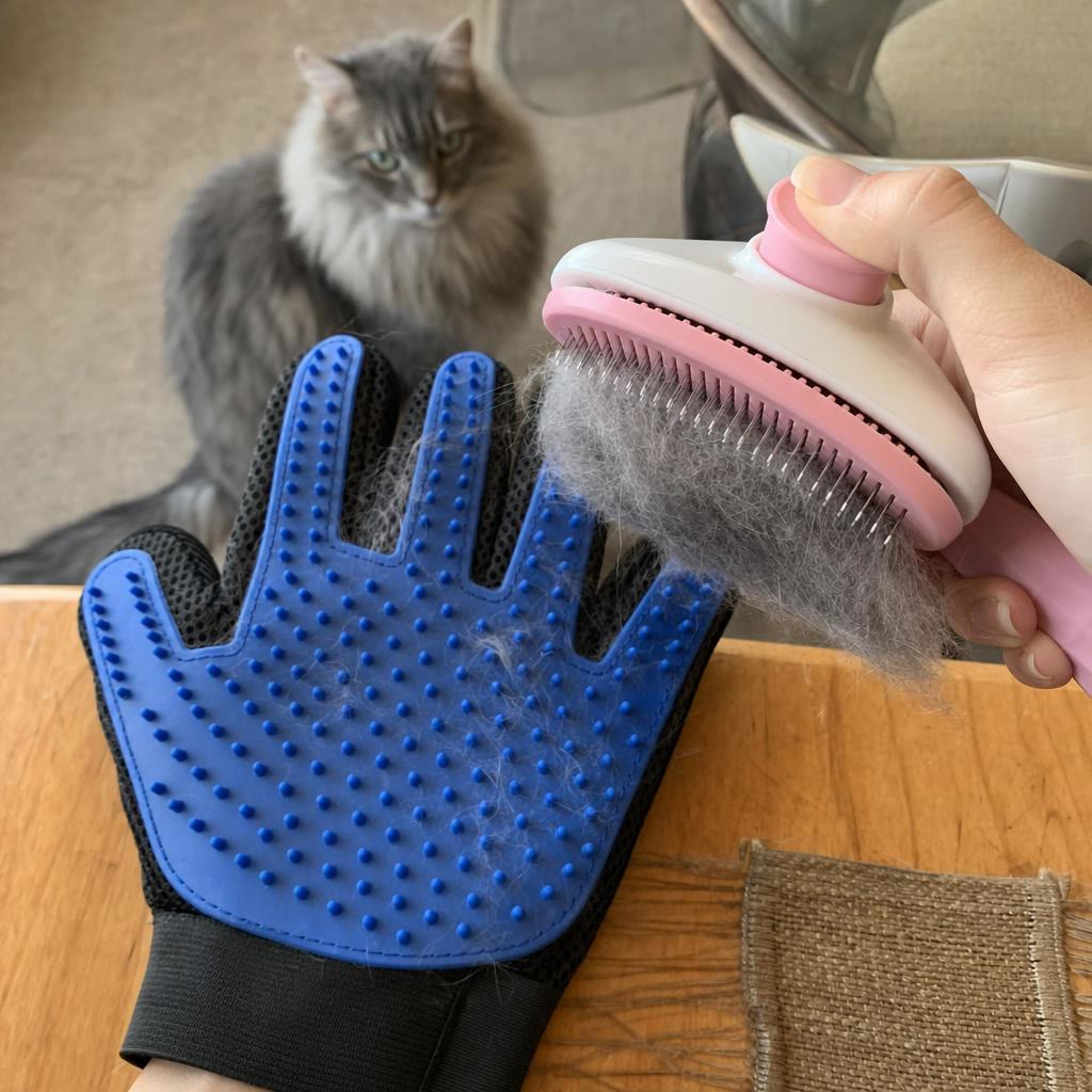 Self-cleaning brush releasing cat fur with one click