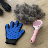 Glove and self-cleaning brush next to the fur removed in one session