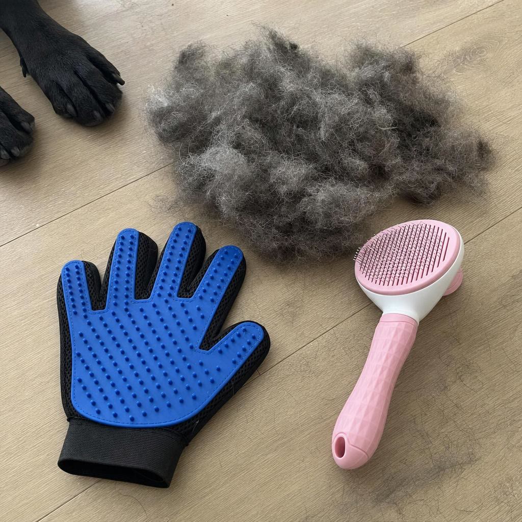 Glove and self-cleaning brush next to the fur removed in one session